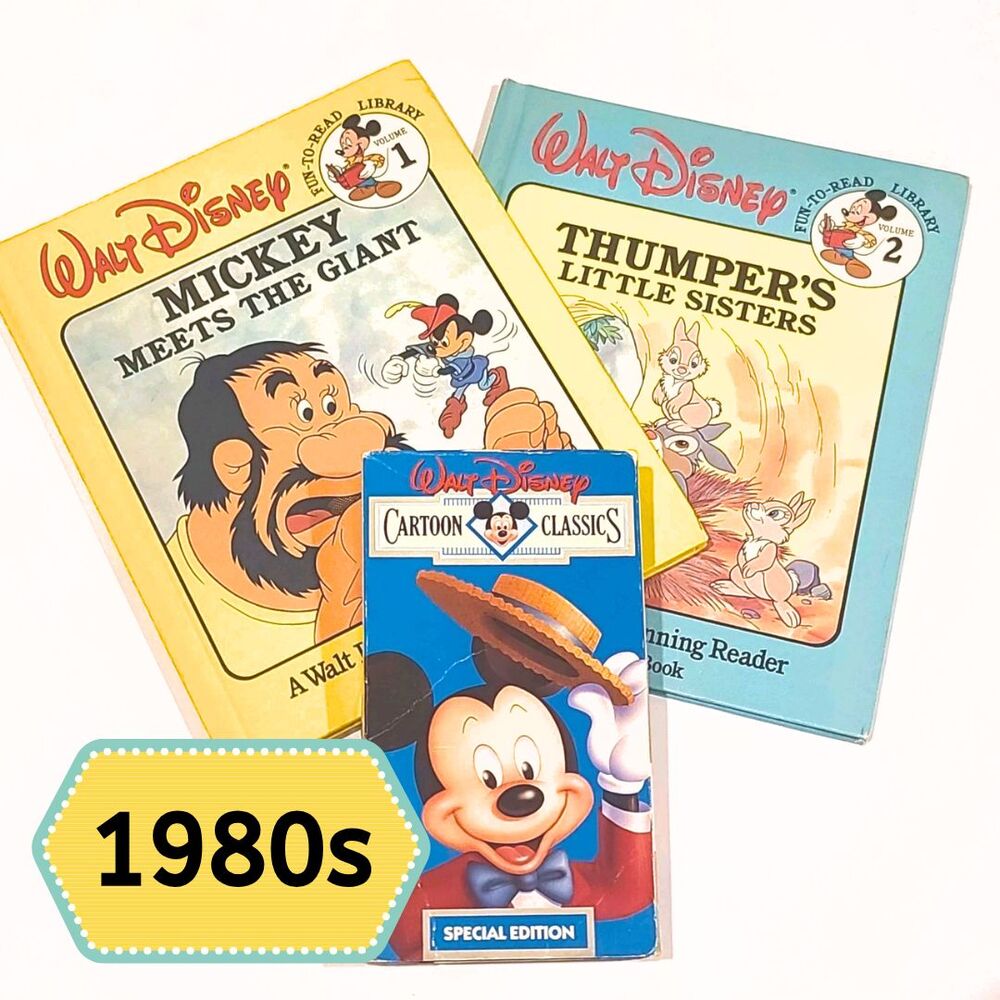 Vintage DISNEY Book Lot Vol 1 & 2 Mickey Thumper + VHS Cartoon Classics